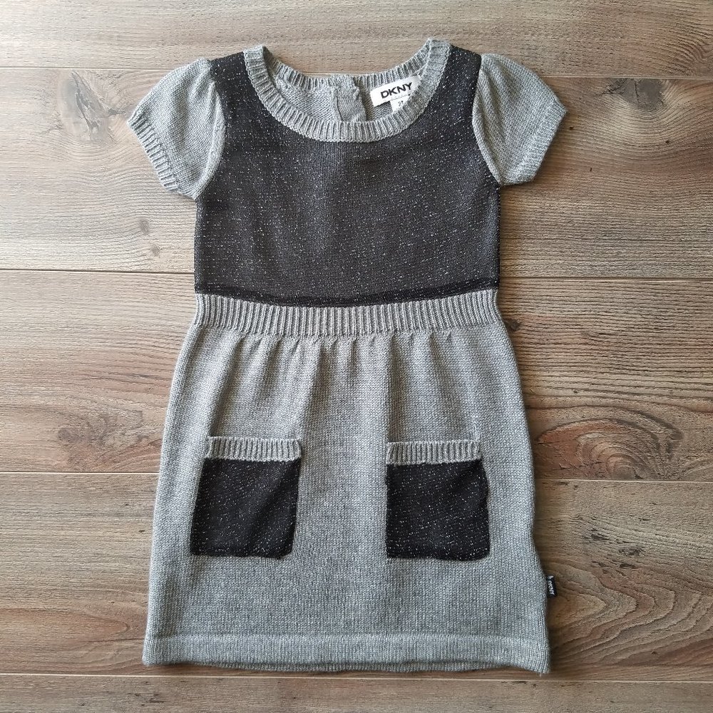 DKNY Sparkly Grey Black Short Sleeve Sweater Toddler Girl Dress